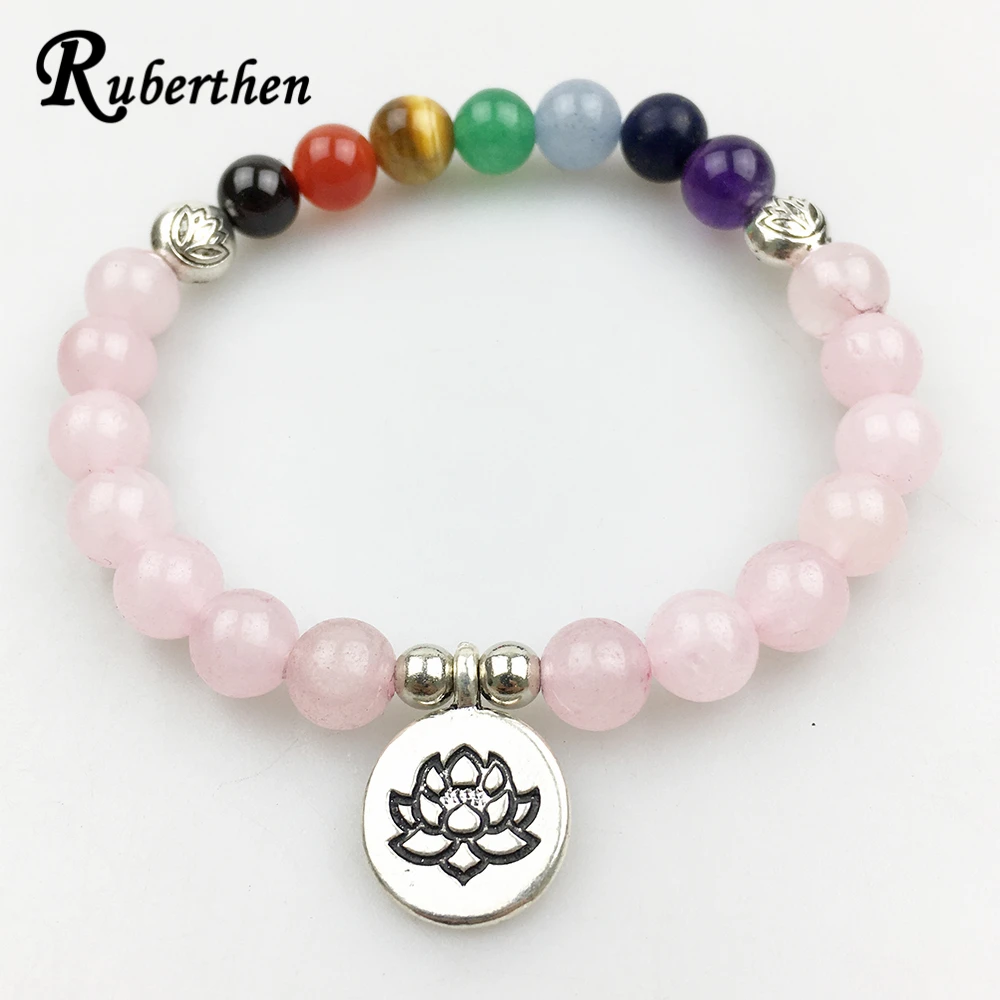 Женский браслет Ruberthen в винтажном стиле балансировка йоги 7 чакр розовый кварц