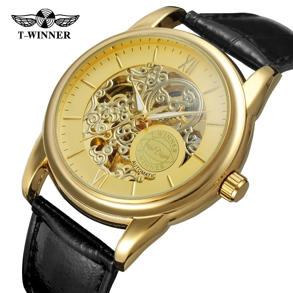 

T-Winner Men's Skeleton Transparent Crystal Discount Classic High Quality Trendy Leather Wrist Watches Montre Clock for Mens