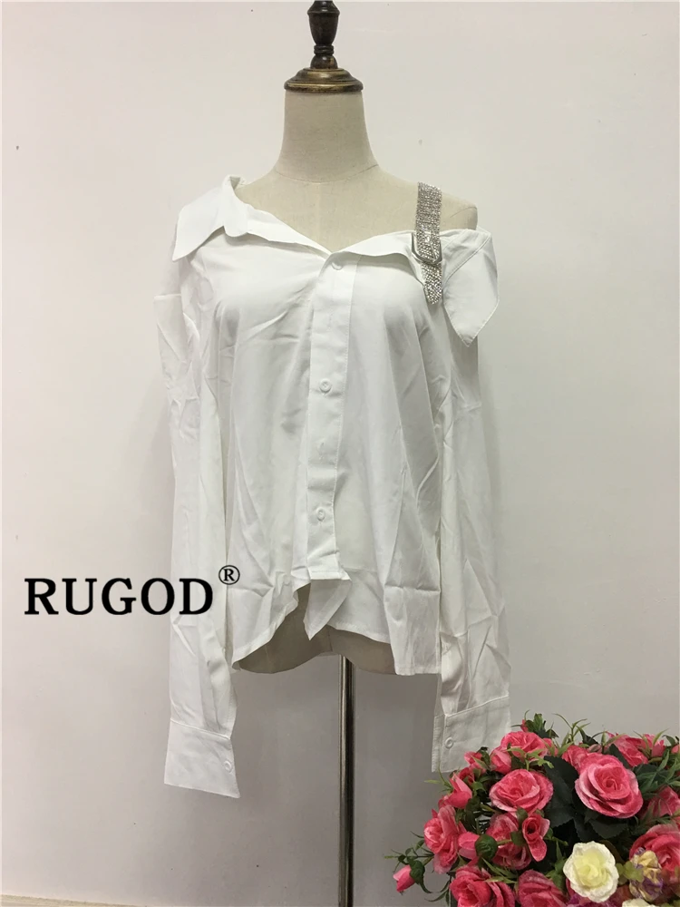 RUGOD корейские сексуальные белые женские рубашки на одно плечо, Модные свободные офисные женские блузки и топы, Летняя женская одежда