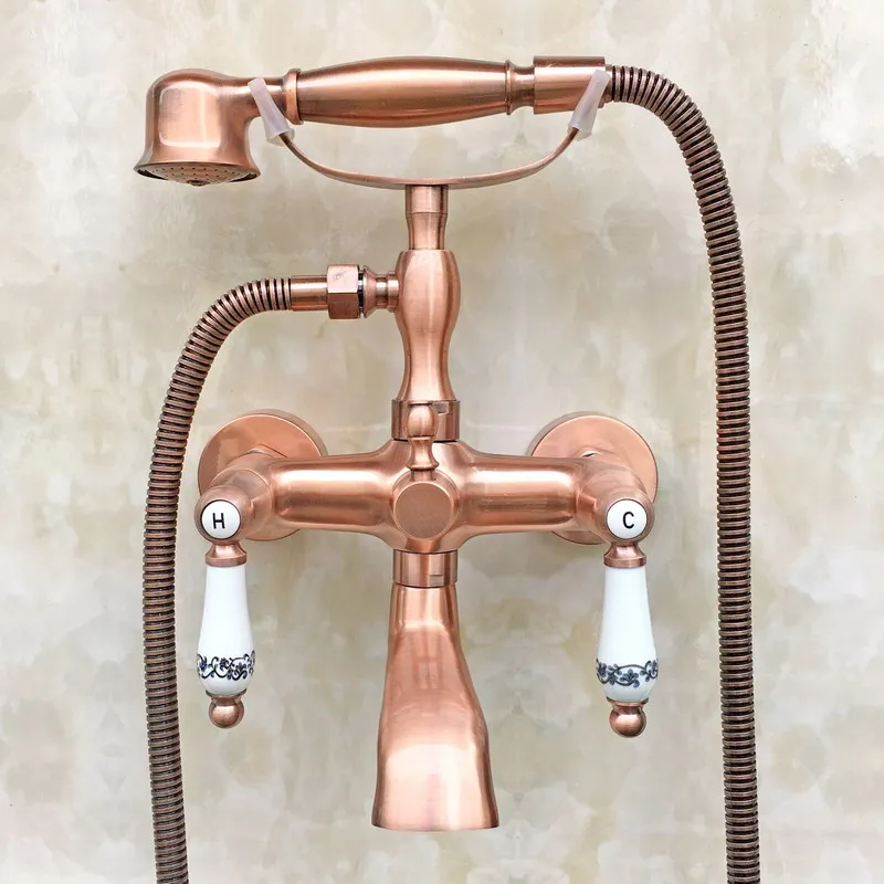 Buy Modern Bathroom Antique Red Copper Wall Mounted Clawfoot Tub Filler Faucet Handshower Two Ceramics Handles atf804 on