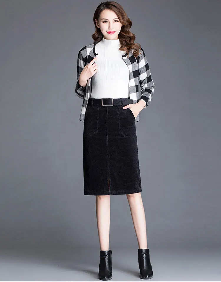 Casual Corduroy Skirts Womens Autumn Winter Black Brown Knee-Length High Waist Skirt Plus Size 3XL Ladies Slim Straight Skirt