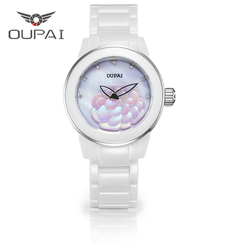 

OUPAI Camellia Elegant Fashion Ceramics White Watch Women Waterproof Shell Face Butterfly Neddle Lady Watch