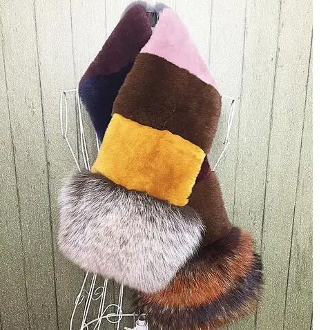 Новое прибытие Настоящее Рекс кролик кожа меха лисы лоскутное многоцветный шарф