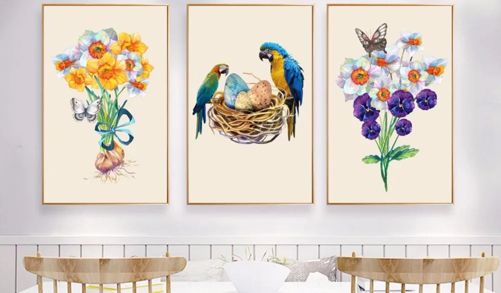 Маленькая свежая Скандинавская ручная роспись 3 шт. акварель цветок попугай