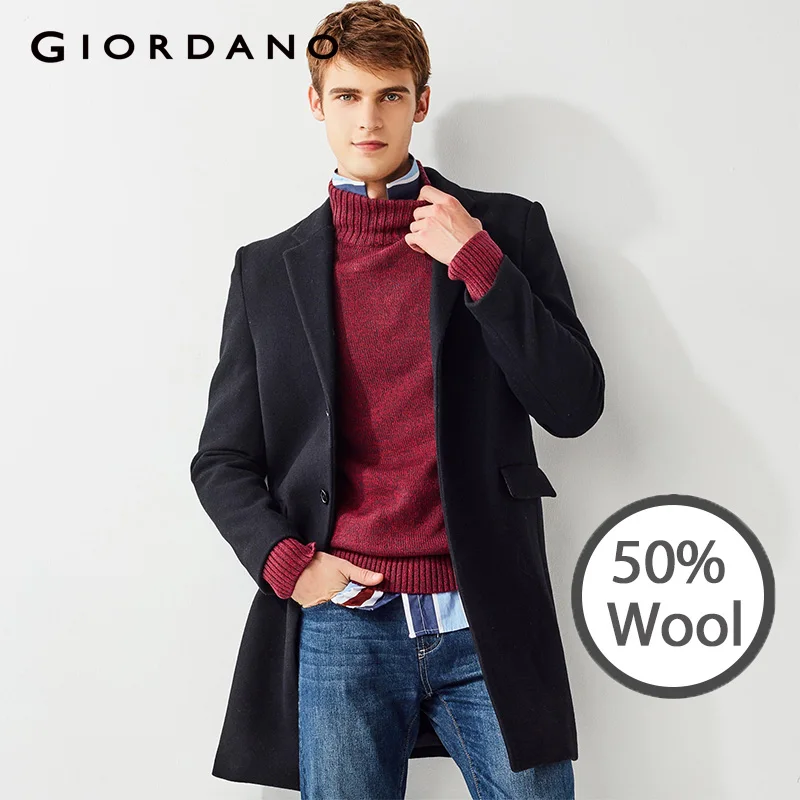 Giordano мужское шерстяное пальто средней длины выполненное в однотонном оттенке