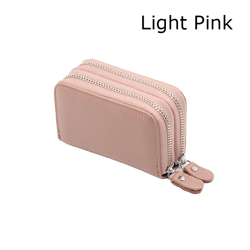 Light Pink BONAMIE бумажник для карт из натуральной кожи кошелек для монет двойная молния Женский держатель для кредитных карт женский визитница RFID синий черный - Цвет: Light Pink