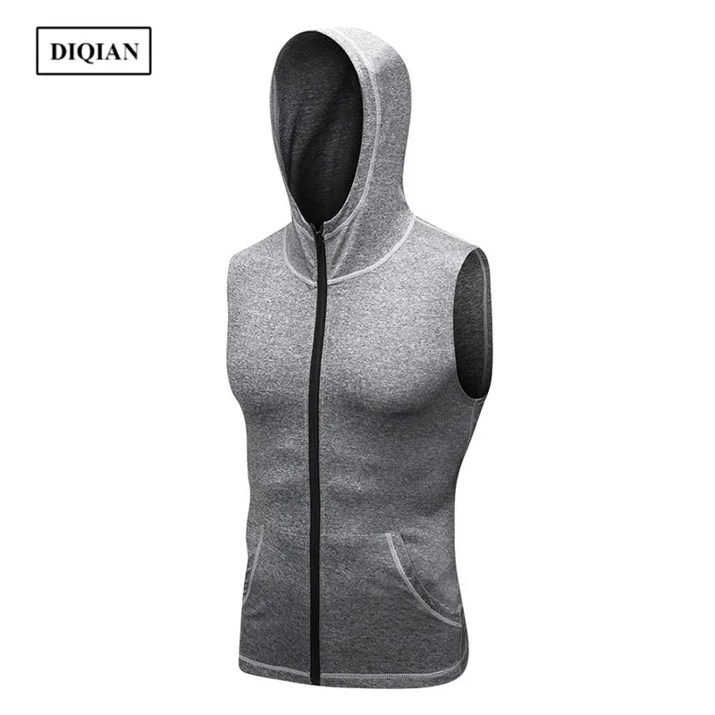 Фитнес жилет с капюшоном DIQIAN для мужчин, высокоэластичная плотно облегающая беговая куртка, жилет для бодибилдинга, спортивная одежда для тренировок в спортзале.