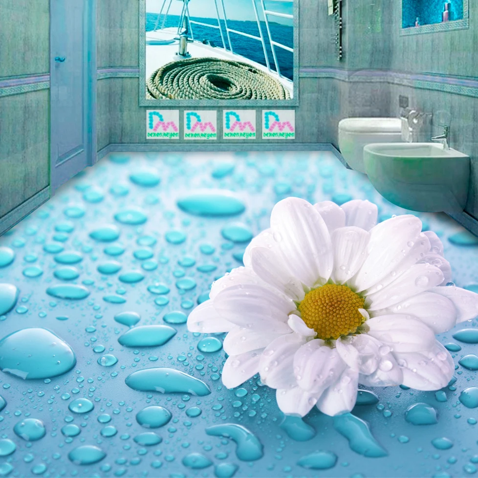

Custom 3D Stereoscopic Drops Daisy Flower Painting Vinyl Floor Tiles Waterproof Wallpaper For Bathroom Mural Sticker Home Decor