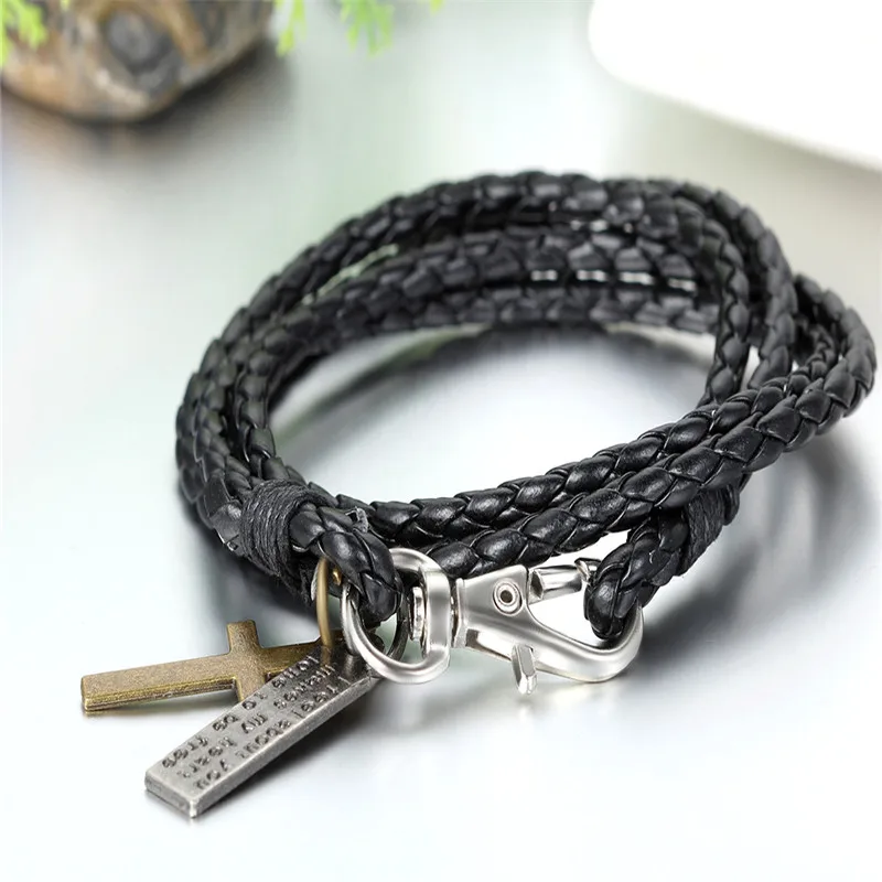 Мужской многослойный Плетеный браслет черный кожаный с крестом винтажная