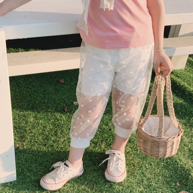 Новинка лета 2019 тонкие сетчатые штаны в горошек до щиколотки для маленьких