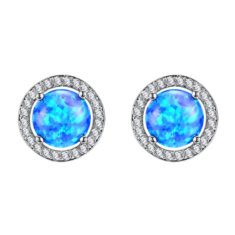 Silver Blue Opal Милые круглые Разноцветные серьги-гвоздики с кристаллами для девушек, для женщин, 925 серебро, розовое золото, заполненные белым, синим, зеленым огненным опалом, серьги CZ - Окраска металла: Silver Blue Opal