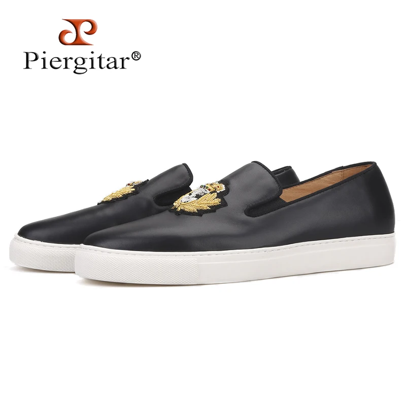 Piergitar 2020 new black colors Genuine Leather Men sneakers Handcrafted Indian silk embroidery men's casual shoes white bottom | Обувь