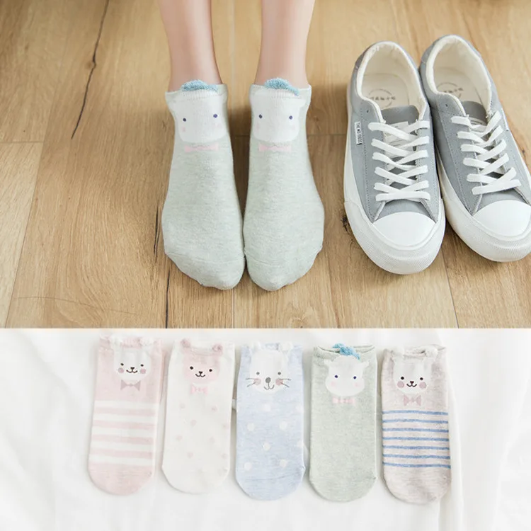 5 пар = 10 штук kawaii мультфильм женские хлопковые носки невидимые носки с милыми животными стерео ухо безбортные носки для девочек Забавные Дышащие носки - Цвет: SNT-22-1