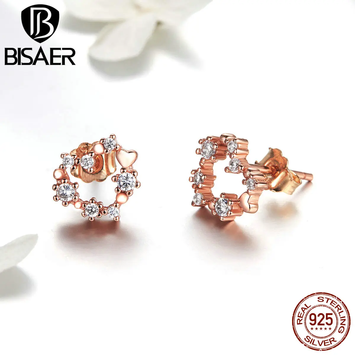 BISAER, 925 пробы, серебряные, прозрачные, CZ, розовое золото, блестящее сердце, серьги-гвоздики для женщин, вечерние, свадебные, серебряные украшения, серьги ECE575