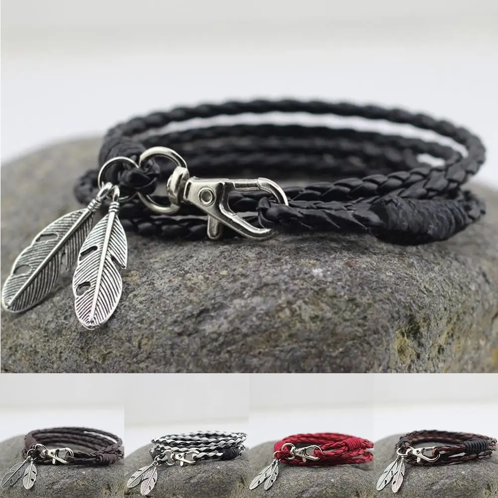 

New Fashion Bangles Accessories PU Leather Feather Charm Bracelets Man Bracelet Wristband Charm Braclet For Male Accessories