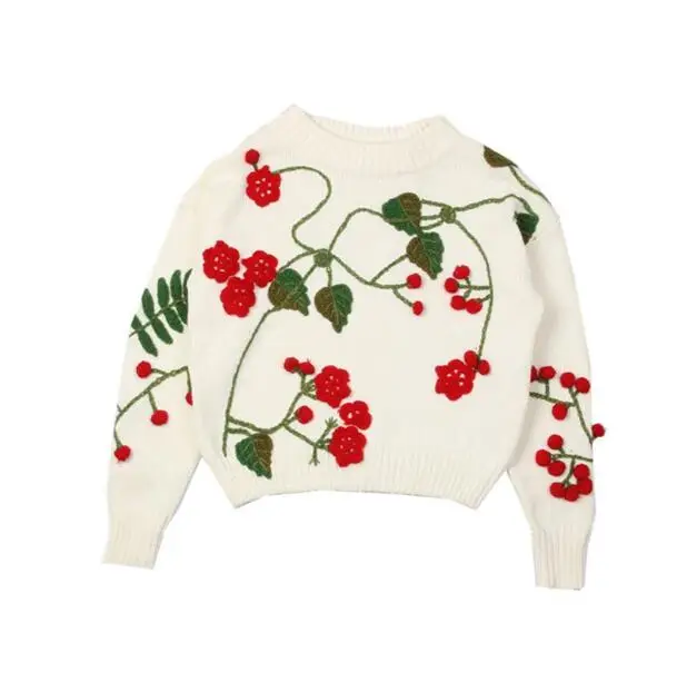 Свитер с цветами ручной работы в западном стиле белая трикотажная рубашка