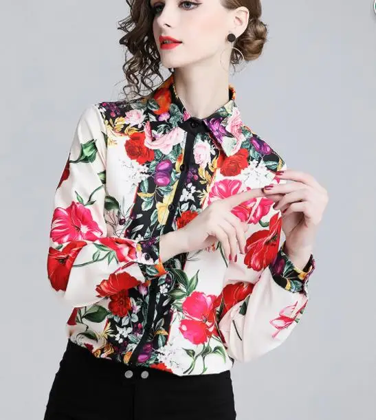 Design and color Качественная дизайнерская блуза для подиума, рубашки, женские элегантные вечерние винтажные блузки с цветочным принтом красного цвета - Цвет: Design and color