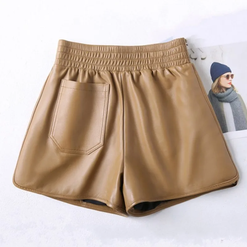 

Sheepskin Shorts Women Loose Large Leather Woman Short Pants High Waist Wide Leg Elastic Waist Wear Black Leather Lady Shorts