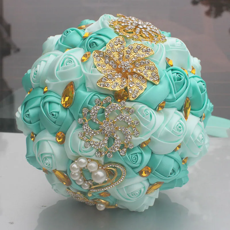18CM Wedding Bouquet Luxury Gold Crystal Brooch Bridal Handmade Silk Rose Ribbon Flowers Artificia Fake Flower | Дом и сад