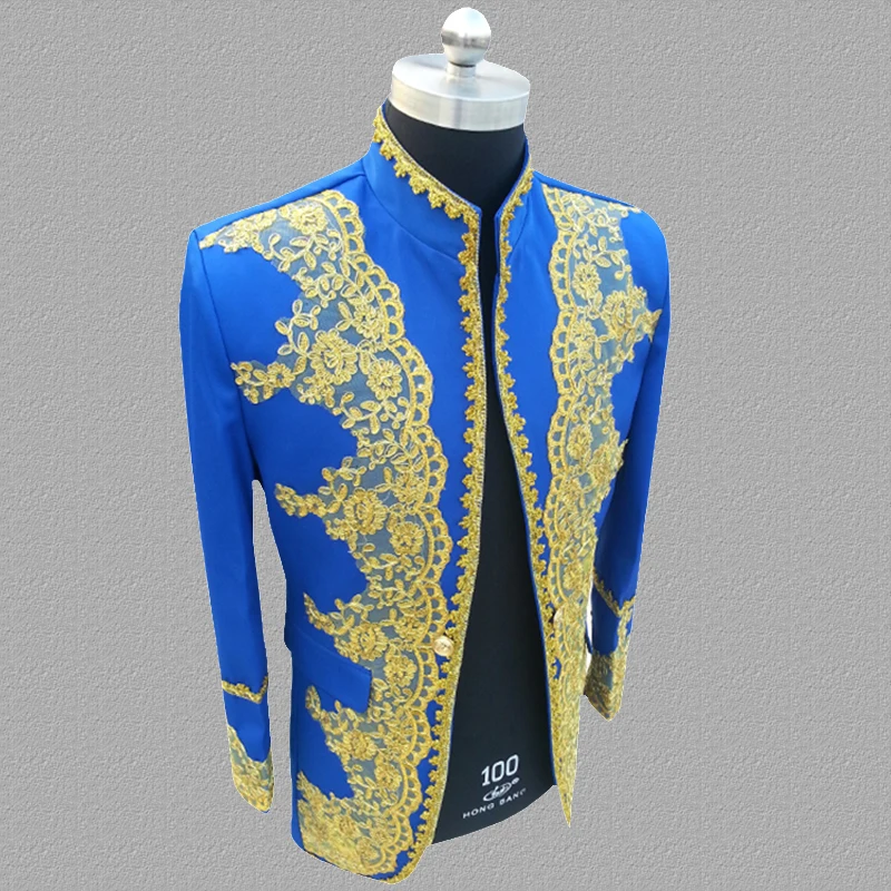 Синий Блейзер мужские костюмы с вышивкой дизайнерские куртки сценические одежда