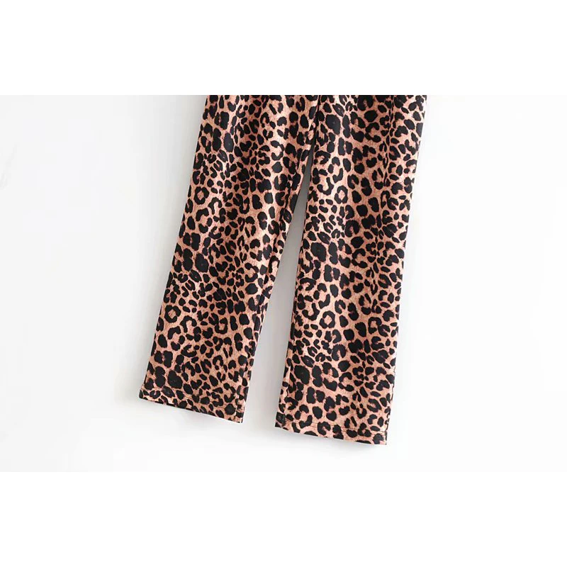 

European And American Style Leopard Printed Women Short Sleeve Casual Ankle-length Jumpsuits