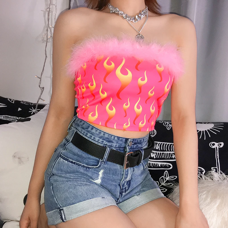 Sweetown перо лоскутное без бретелек сексуальный Bralette обрезанный топ-труба женский розовый пламенный огонь Печати Милый Летний Пляжный короткий топ