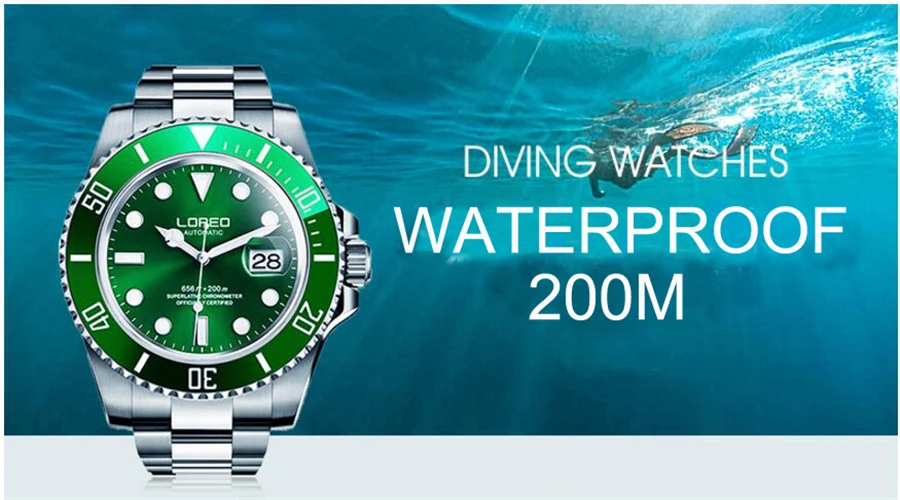 

LOREO Mens Watches Top Luxury Brand 200m Waterproof Sport Wrist Watch Military Stainless Steel clock Relogio Masculino