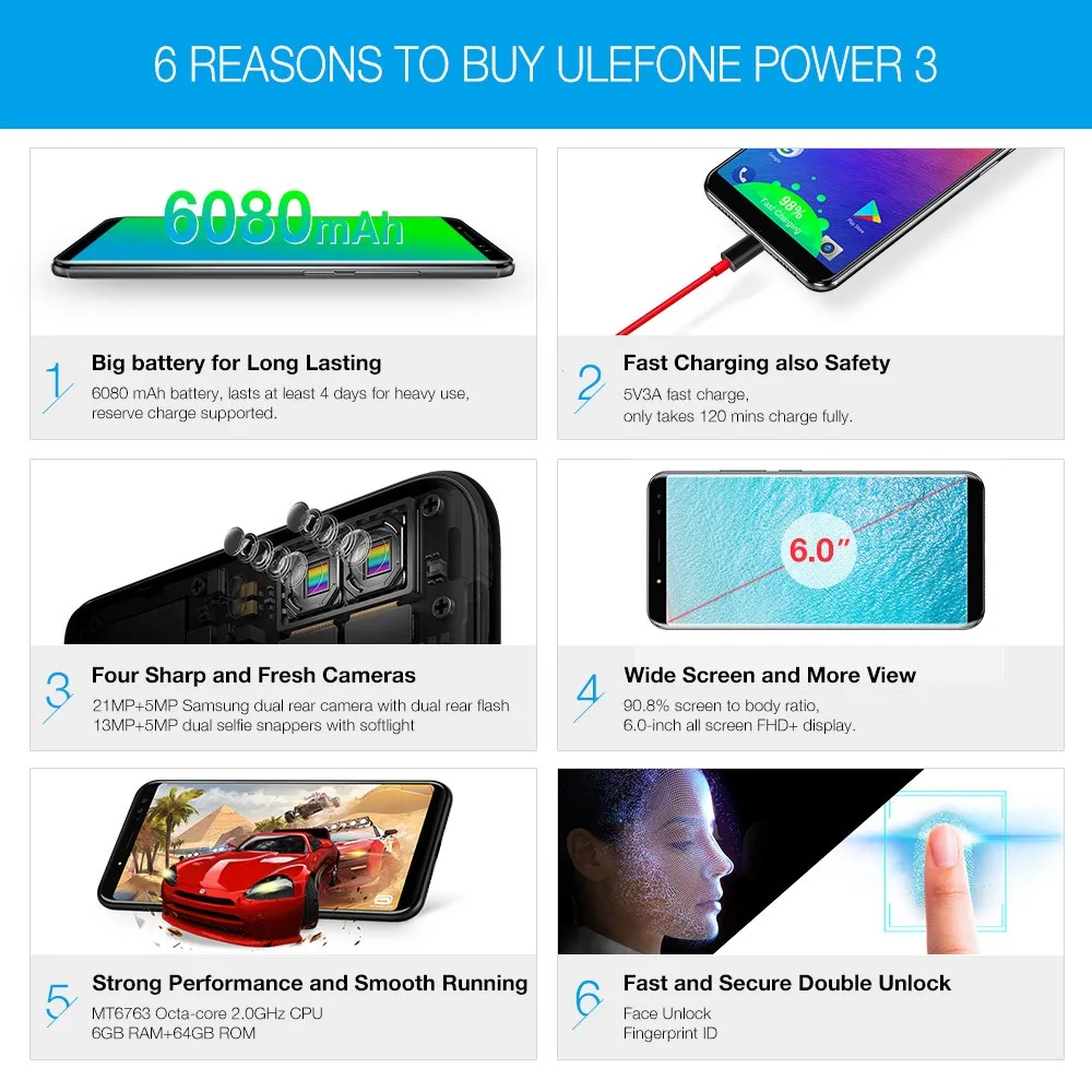 Ulefone Power 3 телефон смартфон телефоны смартфоны 6." FHD+ Экран 6080 мАч большая батарея смартфон Android 7.1 Face ID& Touch ID четыре Камер 4G мобильный телефон