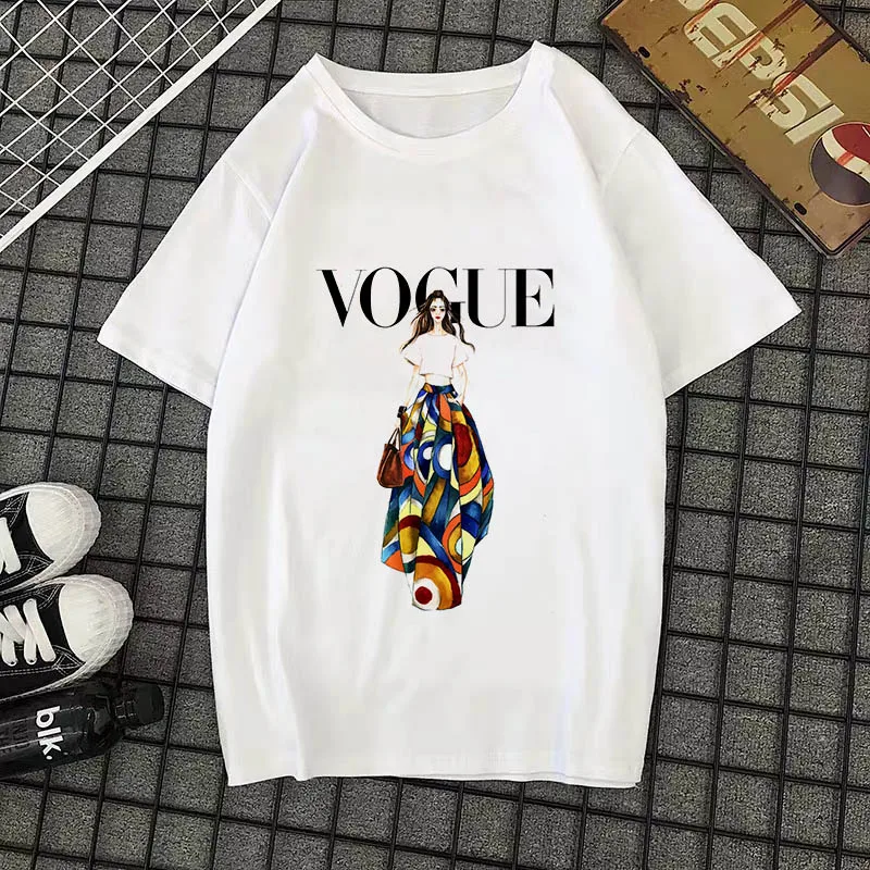 Летняя Новинка, модная женская футболка, VOGUE, с буквенным принтом, Harajuku, футболка с круглым вырезом и коротким рукавом, белые топы, женская одежда
