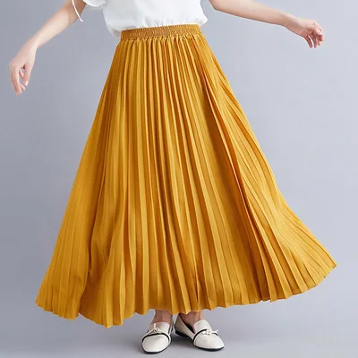 Yellow Плиссированная Женская юбка, винтажная, летняя, осенняя, эластичная, высокая талия, чистый цвет, шифоновая, длинная, Ретро стиль, Классическая, длина до лодыжки, макси юбка - Цвет: Yellow
