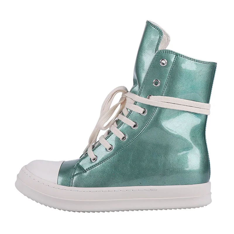 

NEW high top SLIVER Lace Up genuine leather trainer boots handmade sew line quality flat sneaker Boots