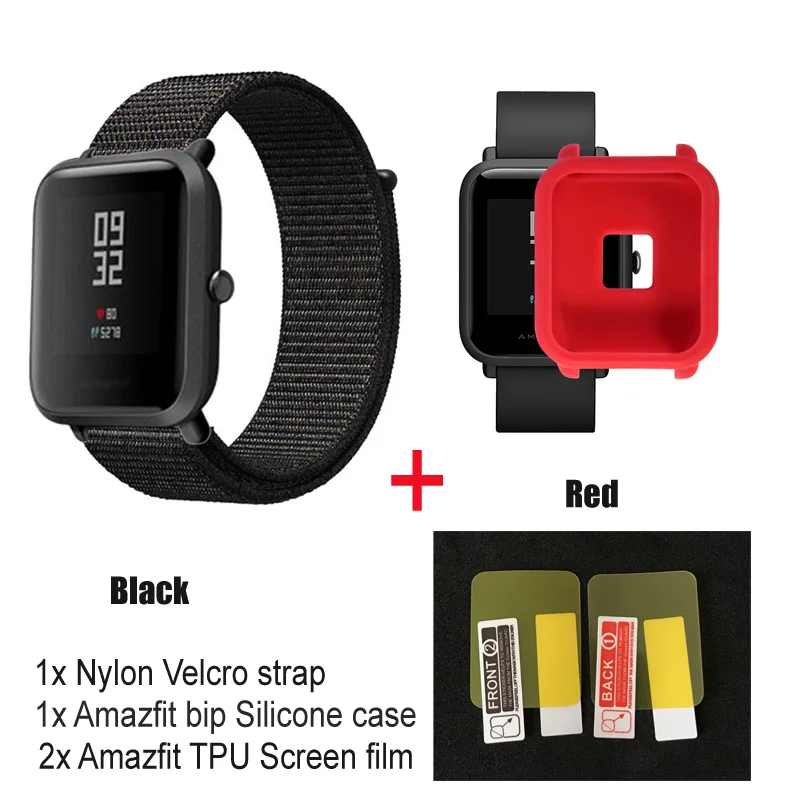 black-red case 4в1 нейлоновый ремешок для Amazfit ремешок Bip Xiaomi Huami Amazfit Bip браслет ремешок для часов нейлоновая петля наручный ремешок чехол Защитная пленка - Цвет: black-red case
