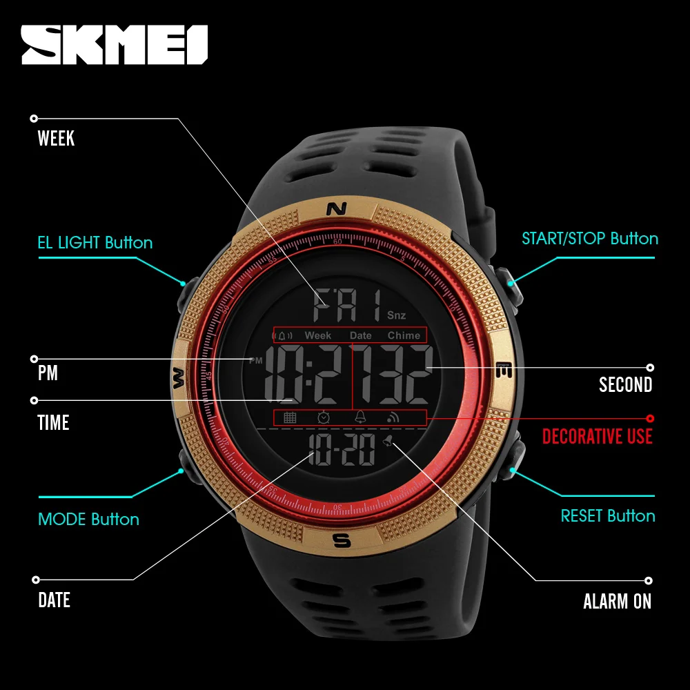 SKMEI мужские спортивные часы Топ люксовый бренд Chrono обратный отсчет светодиодный