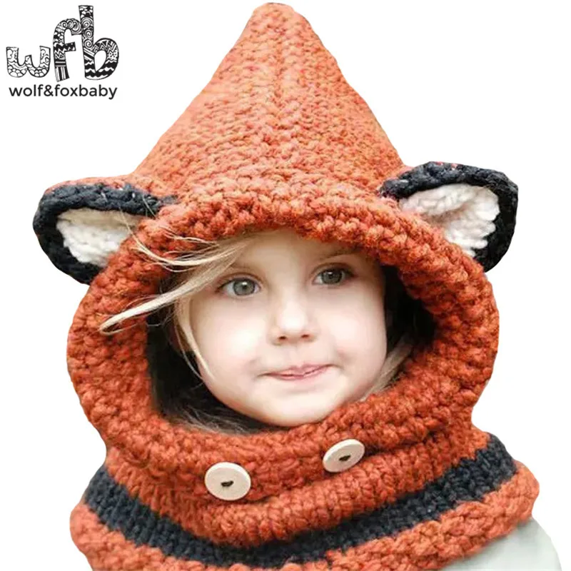 

Retail 50CM round cap+bib cartoon fox Knitted woolen warm cap fashion baby children infant kids spring autumn fall winter