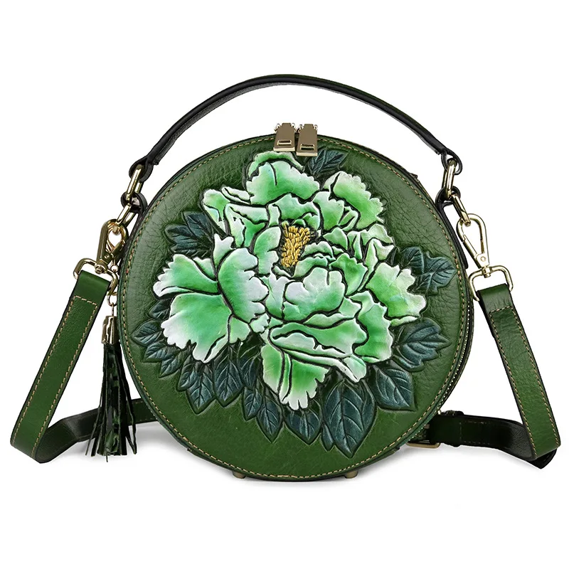 small women bag genuine leather shoulder bags embossed floral ladies leather handbag circular real leather crossbody bag