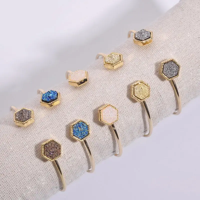 

Новые милые овальные кварцевые медные браслеты, белый и синий золотой, геометрической формы, камень, смола, Druzy, браслеты на запястье для жен...