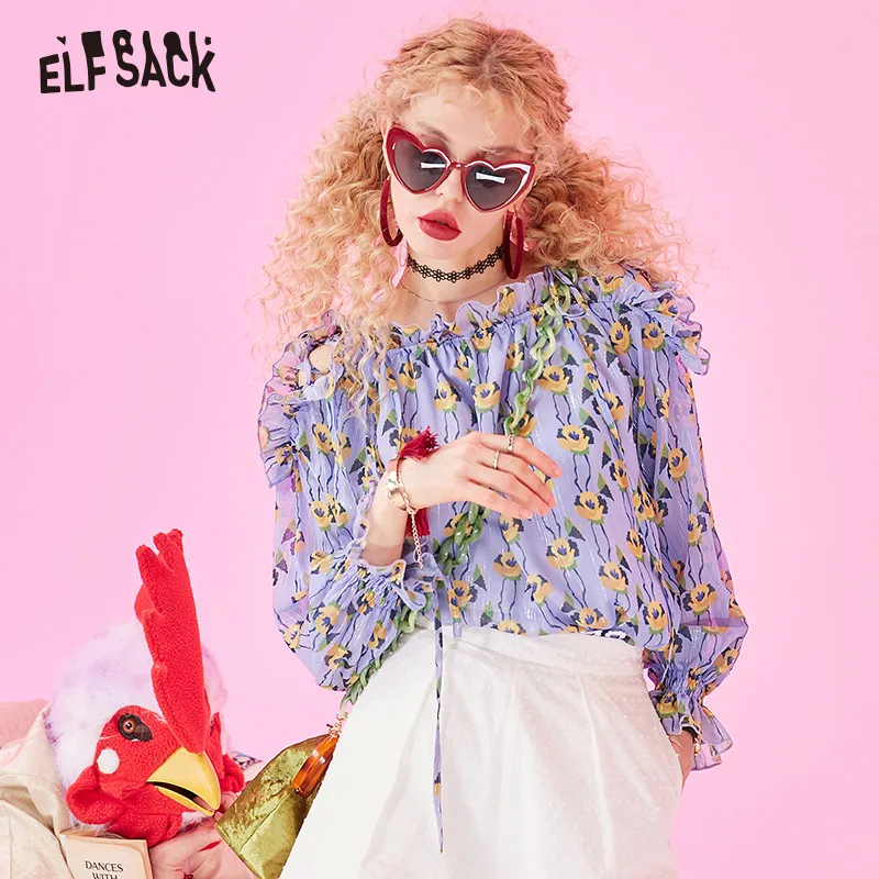 ELFSACK, милые женские блузки с цветочным рисунком, с вырезом лодочкой, модные, лавандовые, на шнуровке, женские рубашки, основа, с рукавом-бабочкой, женские блузки, топы