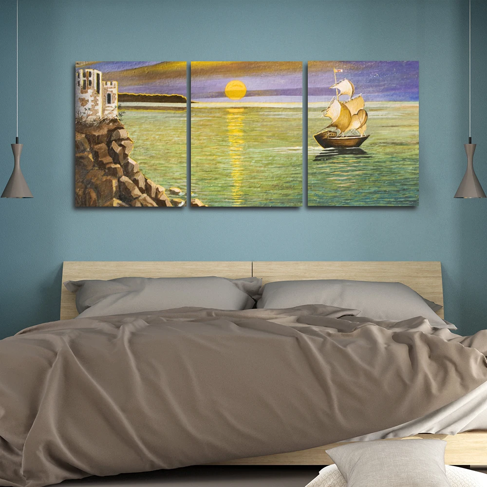 Laeacco Sunrise водная лодка естественная сцена постеры и принты Краска на холсте