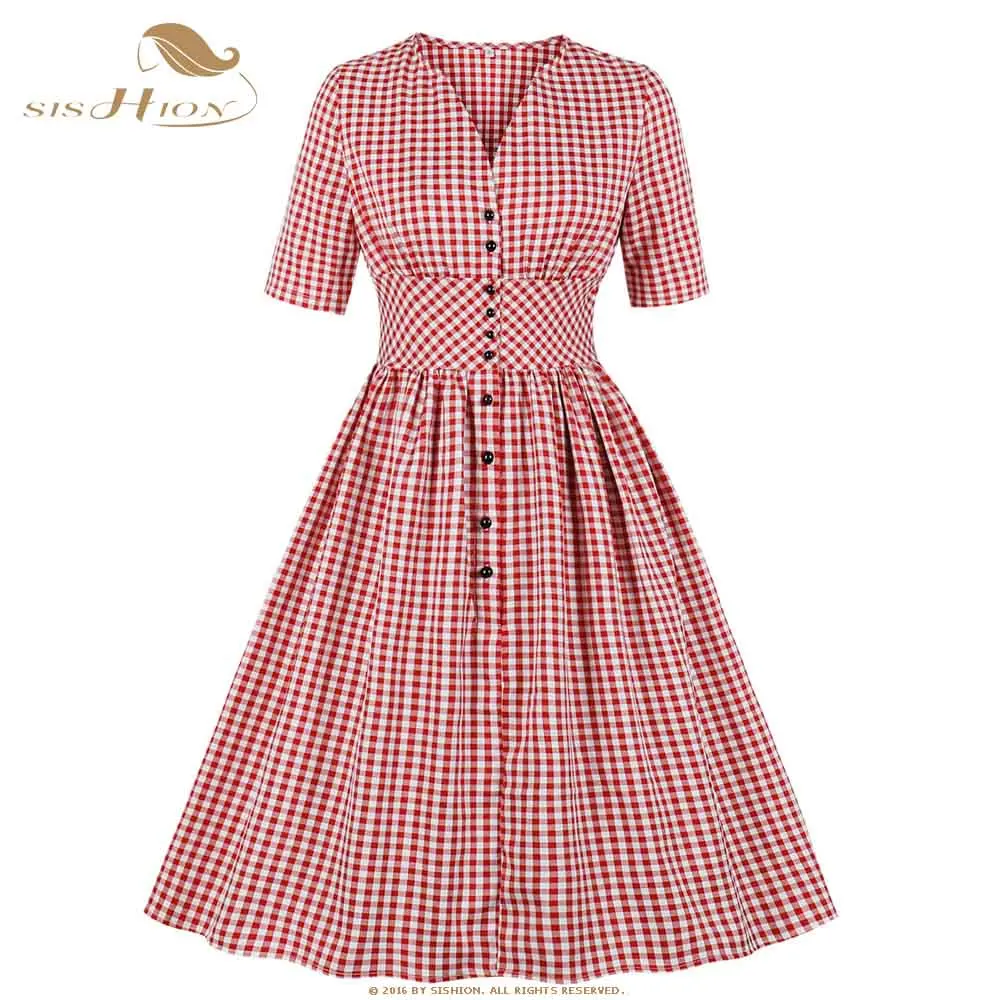 SISHION женская одежда размера плюс платье VD1148 4XL красные Ретро клетчатые платья с коротким рукавом винтажные женские осенние платья