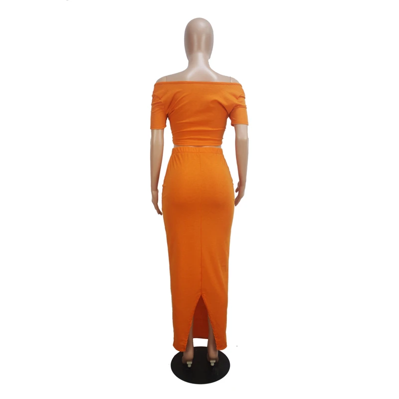 

Solid Ribbed Knit Two Piece Set Summer Off Shoulder Crochet Crop Top + Bodycon Maxi Ankle-length Pencil Skirt Skirt Sweater Set