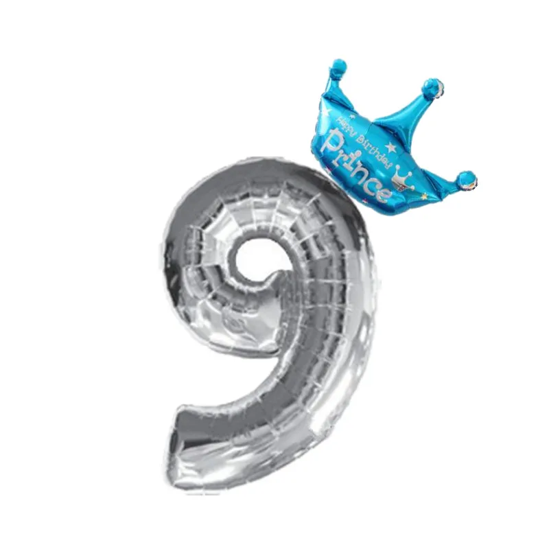 9 With Blue Crown 32/40 дюймовые серебряные воздушные шары из фольги для детей 1, 2, 3, 4, 5, 6, 7, 8, 9 лет с короной, неоновые Стикеры для маленьких мальчиков и девочек - Цвет: 9 With Blue Crown