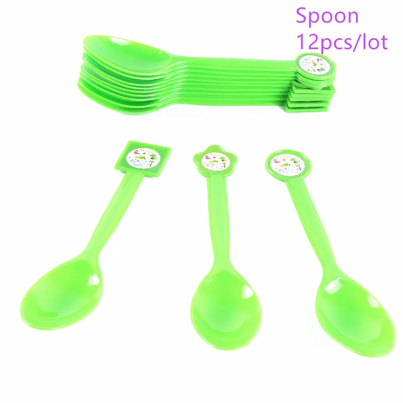 12pcs D spoons Вечерние столовые приборы с рисунком динозавра для дня рождения, украшения для детей и взрослых, бумажные тарелки, чашки, скатерть, воздушные шары, соломенные вечерние принадлежности - Цвет: 12pcs D spoons