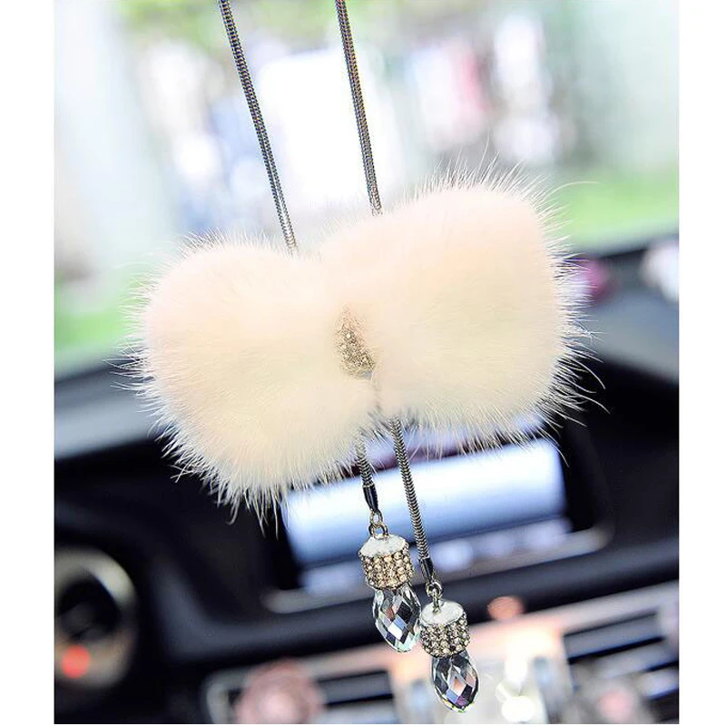 

Car Pendant Elegant Artificial Mink hair Hanging Crystal Drop Fluffy Cute Auto Interior Decoration Car Mirror Hanging White