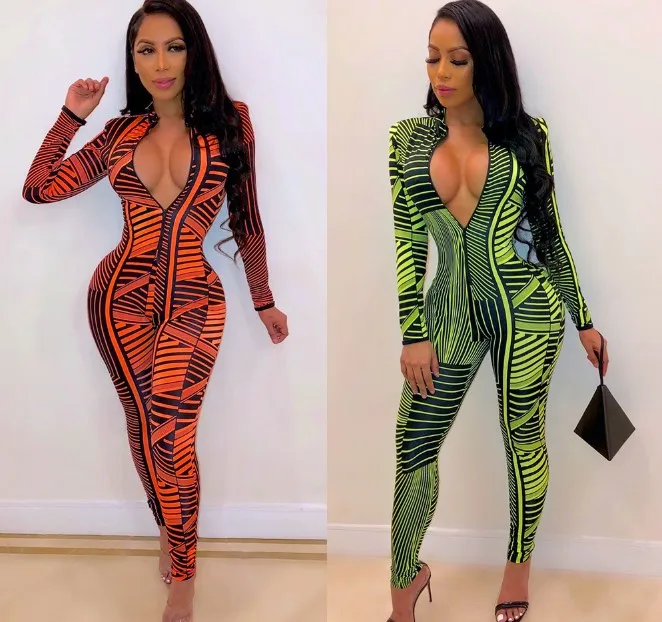 

Cultiseed Women Sexy Deep V neck Fake Zipper Slim Hip Nightclub Party Jumpsuit Rompers Female Color Striped Long Sleeve Jumpsuit