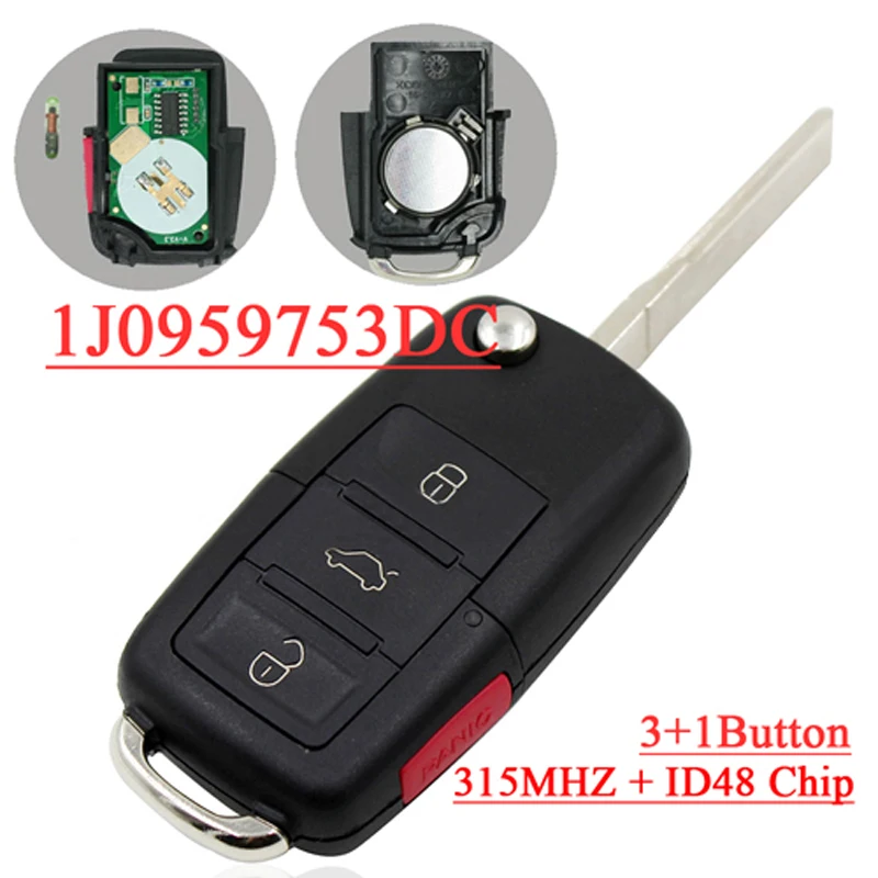 4 (3 + 1) кнопки дистанционного ключа для 2002 2005 Volkswagen Beetle Jetta ID48 чип 1J0959753DC|key key|key with