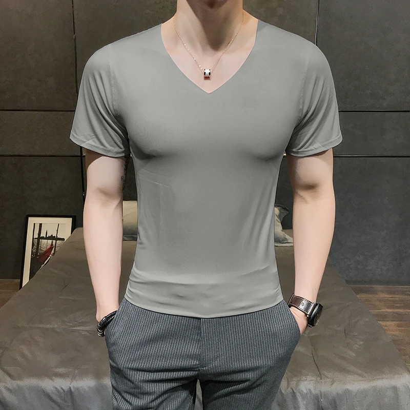HCXY Марка 2019 Англия Для мужчин s v образным вырезом Sexy шелк льда Никаких следов
