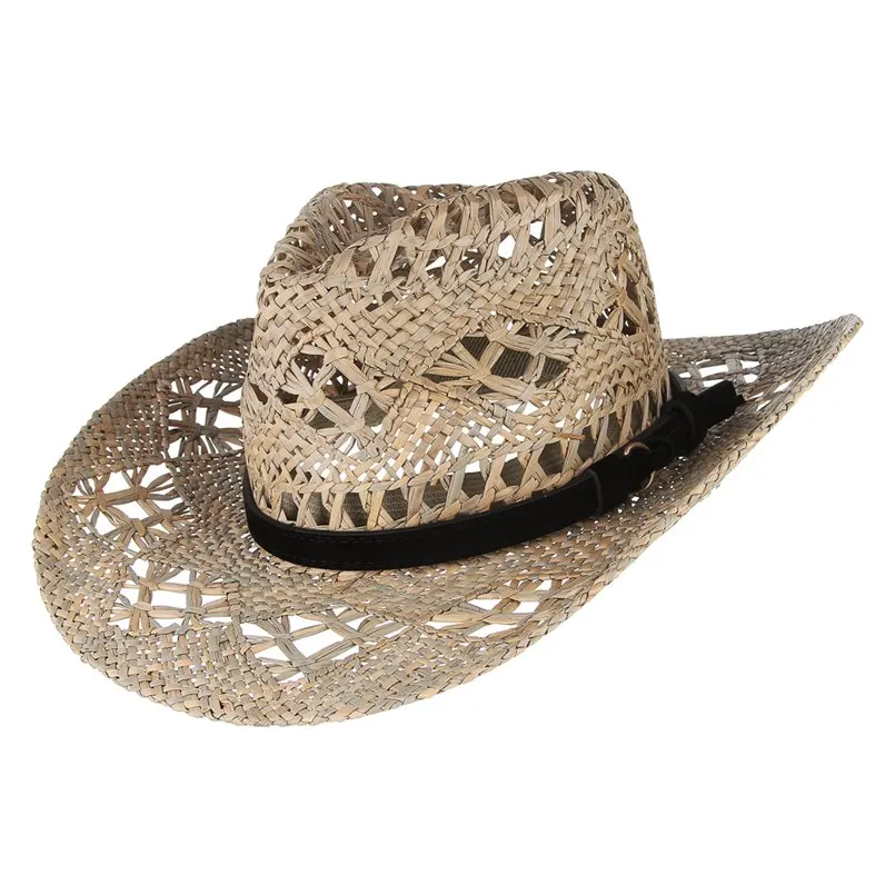 GEMVIE новая соломенная западная ковбойская шляпа для женщин Cowgirl летние шляпы для солнцезащитная Кепка для девушек с кожаный с бисером ремень пляжная кепка Панама - Цвет: PU leather