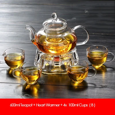 600ml H 6in1 Все готово элегантный из стекла чайный сервиз боросиликатный стеклянный чайник с чашками бамбуковый чайный поднос чайный набор теплее стеклянный чайный горшок подарочный набор - Цвет: 600ml H 6in1