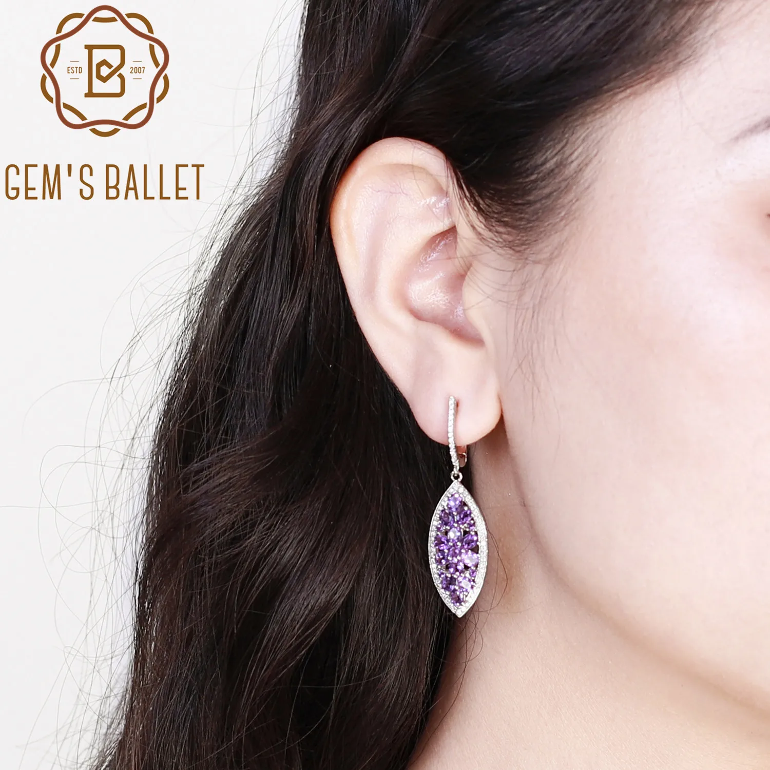 Серьги подвески женские из серебра 925 пробы с натуральным аметистом