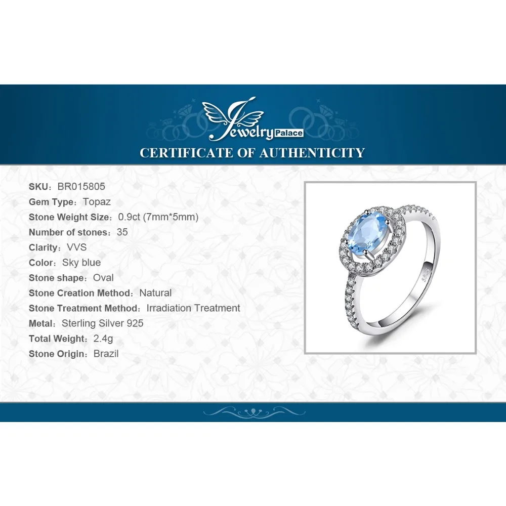 Jewelrypalace круглый 1ct натуральный голубой топаз кольцо стерлингового серебра 925